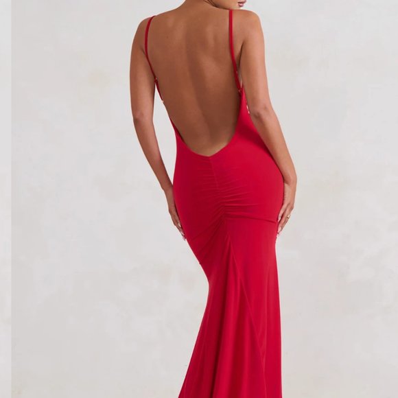 Club London | Adele Red Ruched Fishtail Cami Maxi Dress | Sz. 2 - Picture 2 of 7